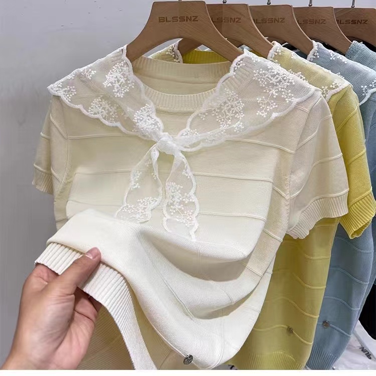 2025 Trendy Spring Outfit Set for Women: Short-Sleeve Knit Cardigan Top with Shawl Two-Piece Set, Versatile and Slimming Lace