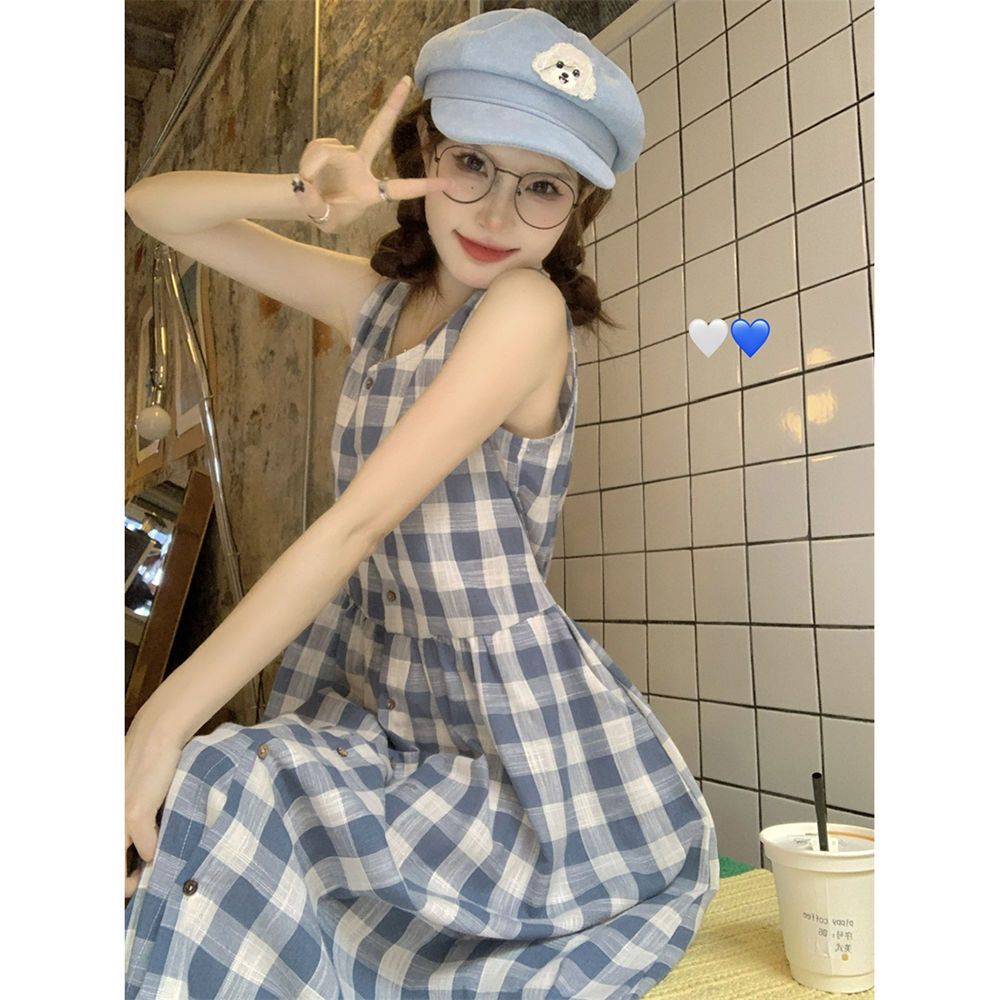 法式多巴胺甜美穿搭粉色連衣裙女夏季溫柔系帶無袖碎花掛脖長裙子