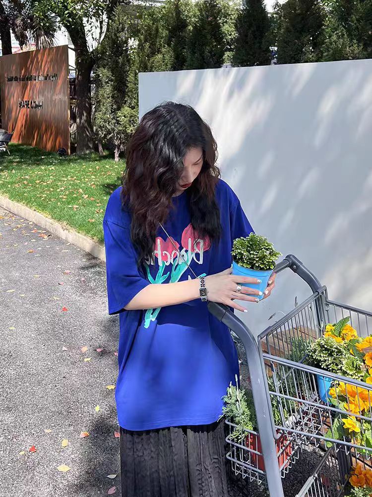 200g combed and tight spun in 2025, pure cotton back bag strip, spring and summer loose shoulder printed short-sleeved T-shirt