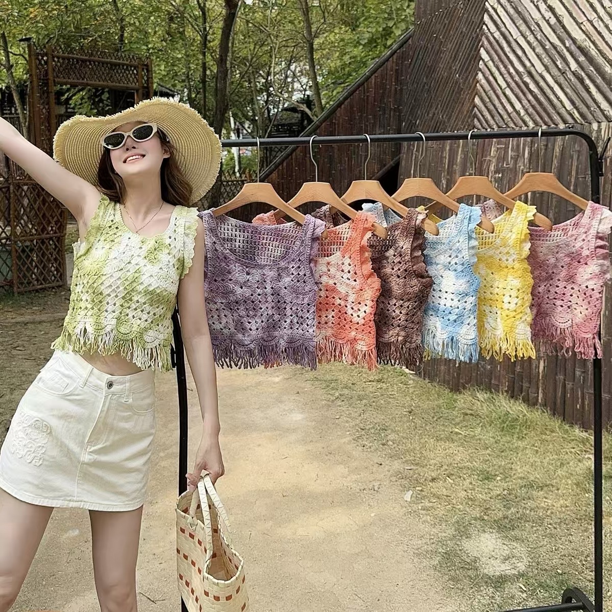2025 tie-dye retro hook flower hollow tassel small flying sleeve knitted vest summer style exterior blouse with suspender vest