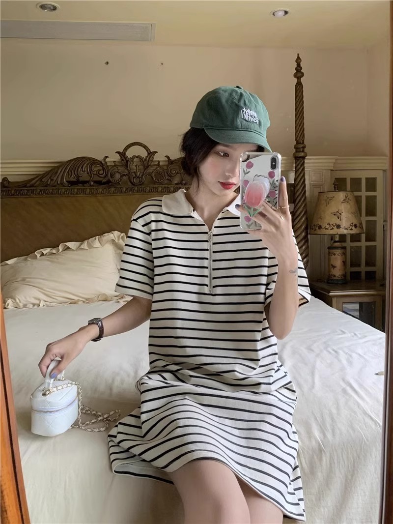 Tmall Quality French Polo Striped Knit Dress for Women - Summer, Unique Design A-line Short Dress