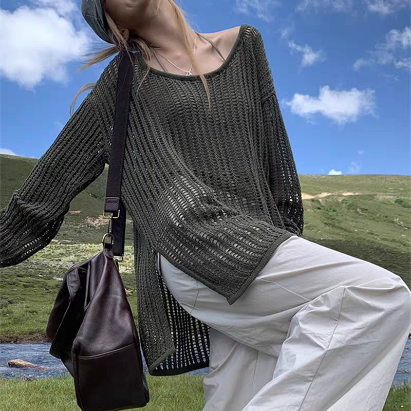 Outer blouse for women in summer thin long lazy air conditioning shirt high-end top long sleeve hollow knitted sweater