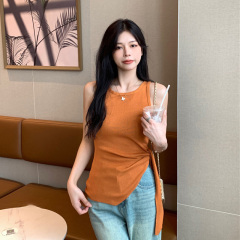 多巴胺穿搭橘色針織吊帶背心女外穿不規則設計收腰綁帶上衣