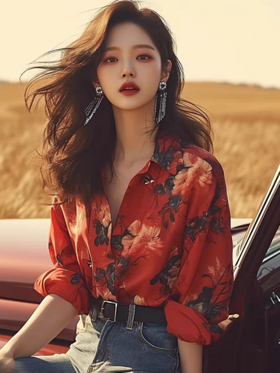Design-sensible niche loose long-sleeved shirt for female students in spring and autumn floral new lazy style casual top