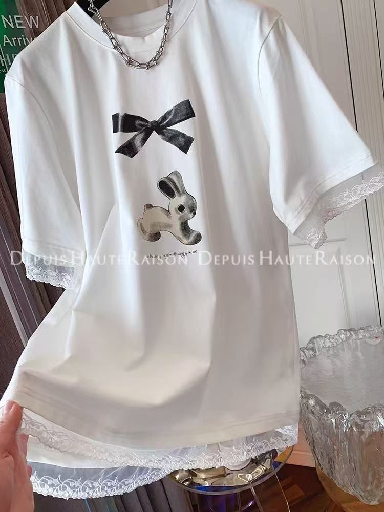 特大碼300斤超好看小兔子蝴蝶結蕾絲短袖T恤打底衫棉寬鬆上衣女夏