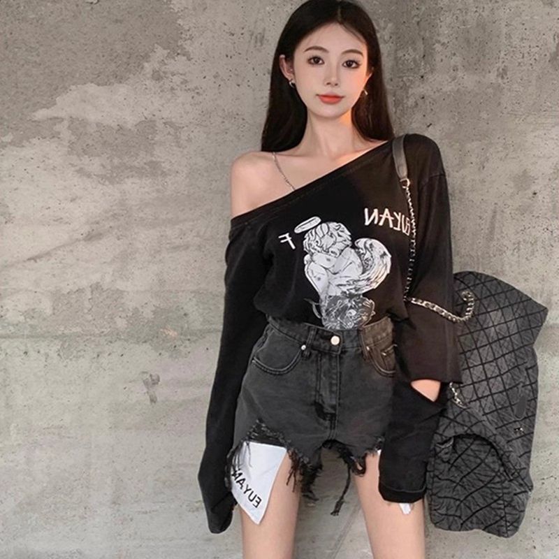 Colorful cotton pull-up American retro hot girl off-shoulder long-sleeved T-shirt loose printed top