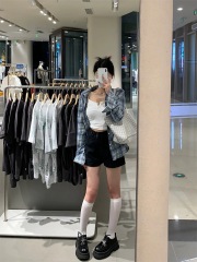 藍色格子防曬襯衫外套早春女POLO領開衫襯衣小眾上衣外穿2025新款