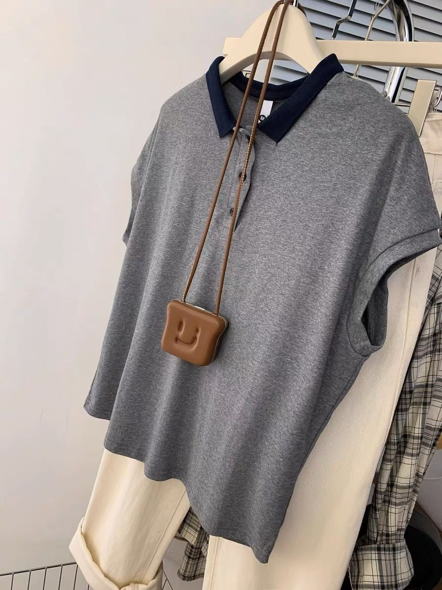 ~Large size women's original design sense gray cotton lapel polo shirt women's summer short-sleeved T-shirt top