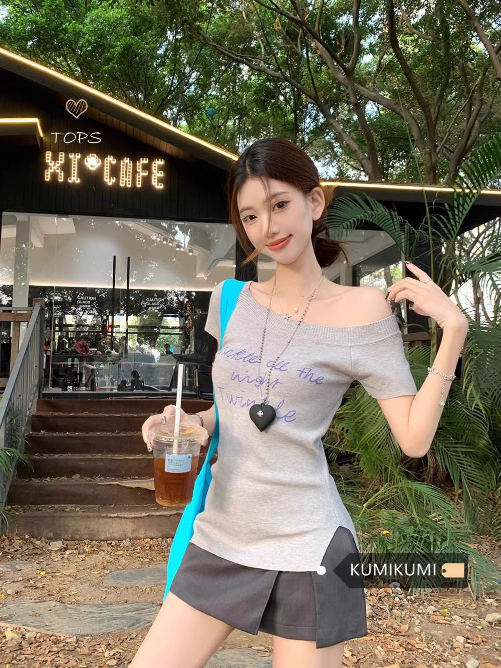 Cotton design top hot girl letter printed T-shirt for women in summer temperament beautiful slim off-shoulder knitted short sleeves