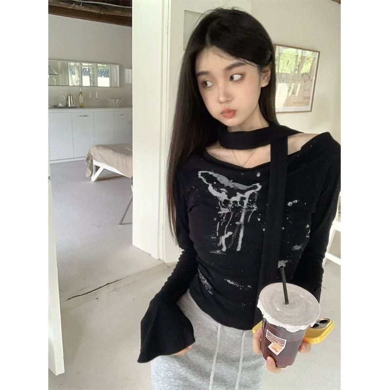 高彈螺紋 一字肩長袖t恤女裝秋季內搭打底衫修身短款辣妹上衣
