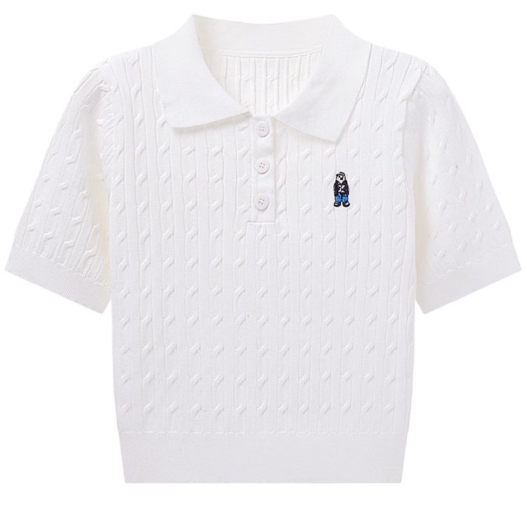 Kyushu Eslite/JZZDEMM Bear embroidered twisted lapel polo shirt for women slim short knitted short sleeve top