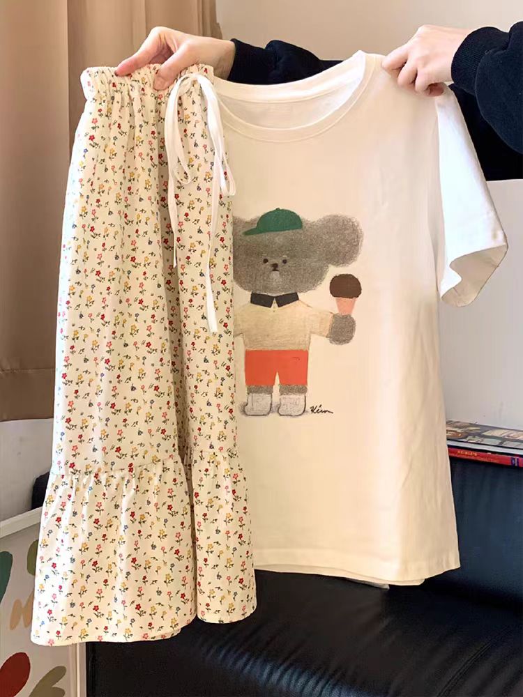 200g combed and tight spun in 2025, pure cotton back bag strip, spring and summer loose shoulder printed short-sleeved T-shirt