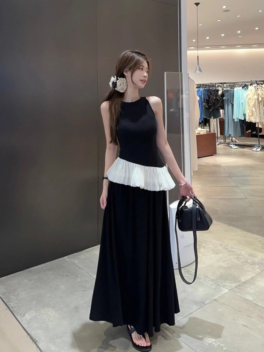 Black slim neck vest top suit skirt summer temperament high waist droop skirt French two-piece set women