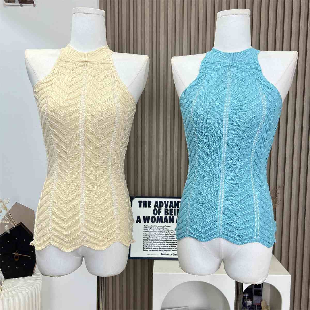 天貓質量夏季無袖掛脖針織吊帶背心女辣妹鏤空短款露肩上衣