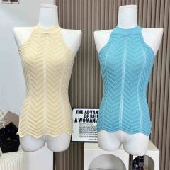 天貓質量夏季無袖掛脖針織吊帶背心女辣妹鏤空短款露肩上衣