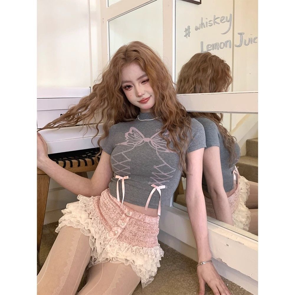 Nanlixiang Jordanian girl grey American short-sleeved T-shirt butterfly design new spring and summer slim hot girl top
