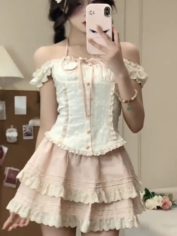 純欲風活潑俏皮套裝女夏季甜美收腰掛脖一字肩上衣蛋糕半裙兩件套
