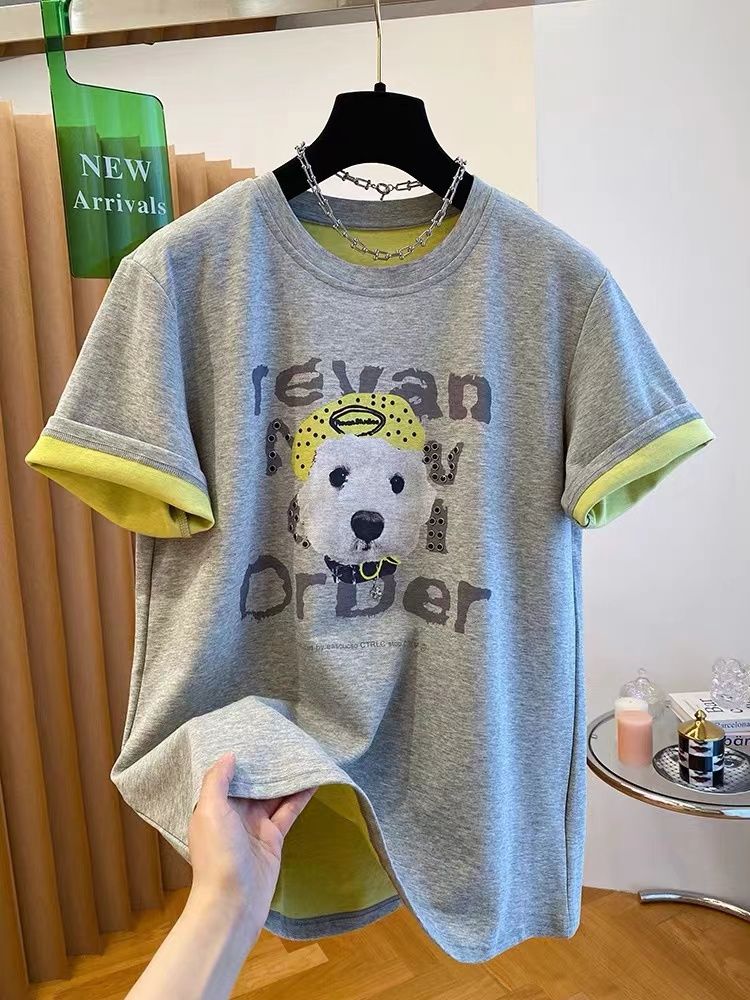 European puppy printed T-shirt for women short-sleeved loose and fashionable contrasting top summer