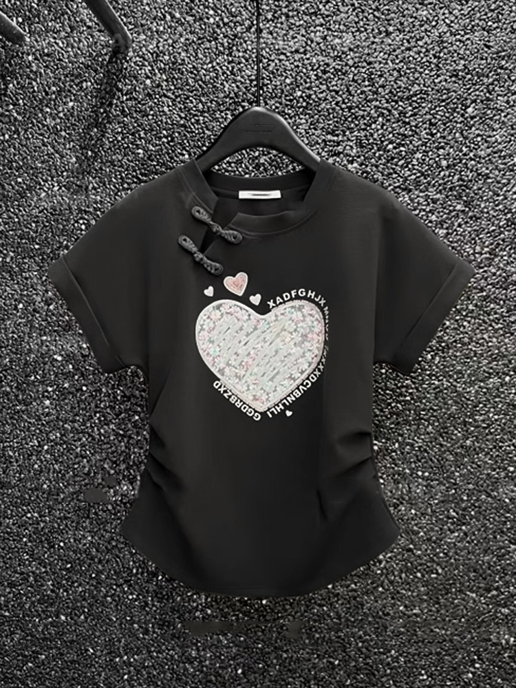 Official picture imitation cotton 40 pieces 1*1 Chinese style folding pleat irregular design short-sleeved T-shirt for women