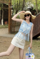 2025 Summer suspender braided hollow short vest Bohemian sleeveless tassel blouse versatile top