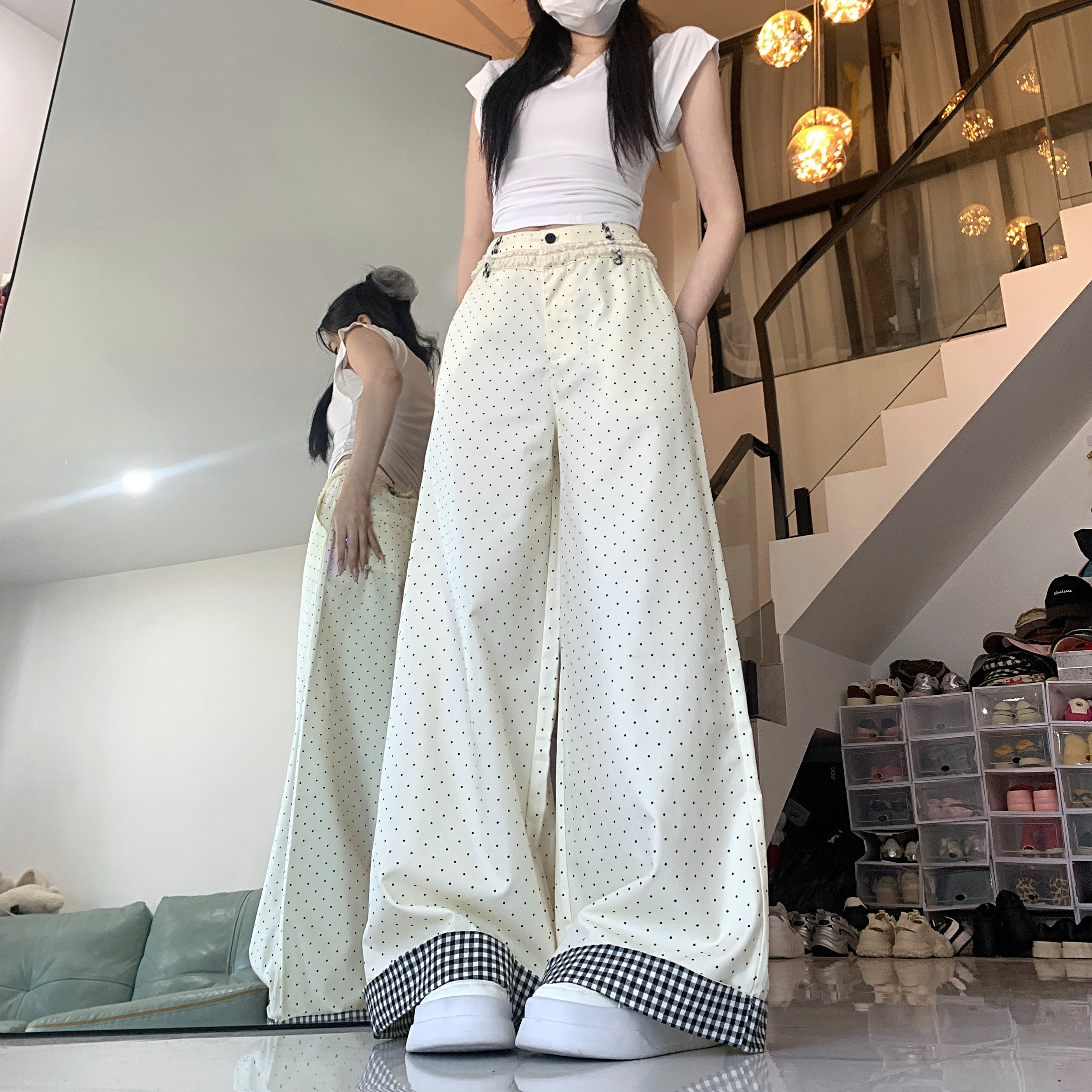 實拍韓系減齡波點花邊拼接休閒褲女春夏牛仔寬鬆直筒闊腿褲長褲潮