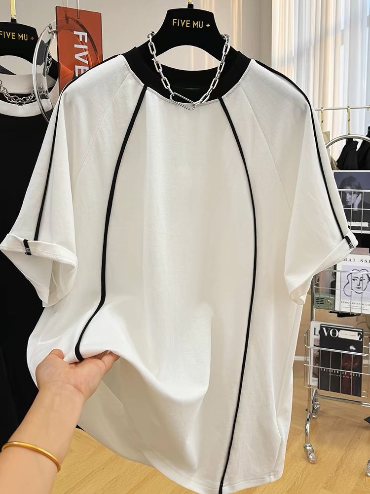 ~Large size women's original pure cotton contrasting color splicing trolley sleeve short-sleeved T-shirt for women's summer new top