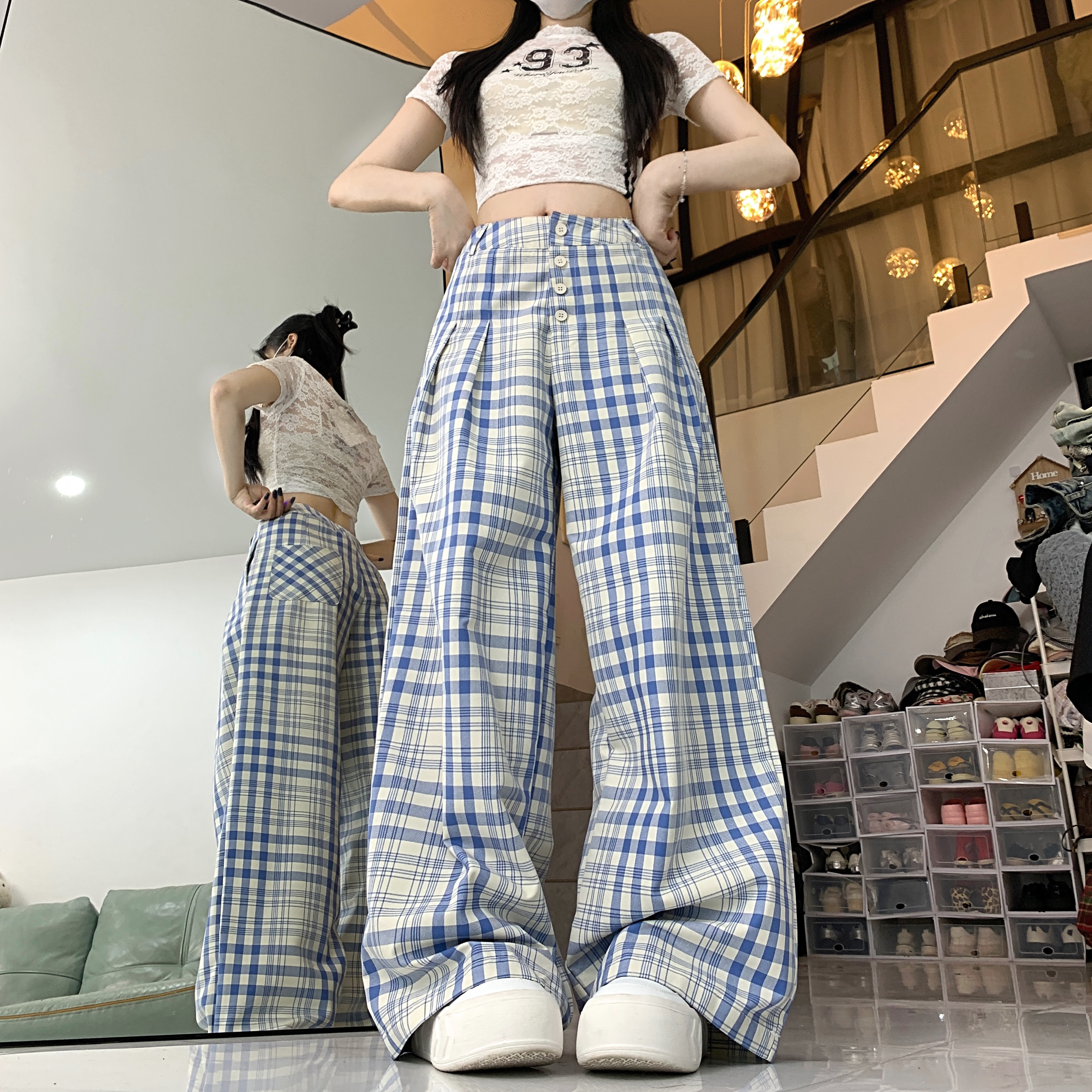 實拍韓系格子排扣設計感闊腿褲女春夏慵懶風高腰寬鬆休閒拖地長褲