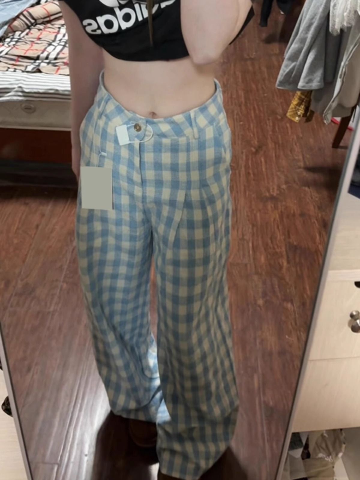, Korean version 2025 new blue plaid casual pants for women with high waist draped straight wide-leg pants floor-sliding pants