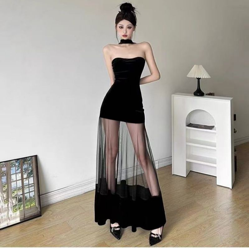 Hot girl mesh design solid color velvet dress for women pure birthday party dress slim dress