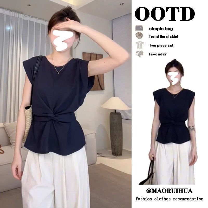 Korean simple and versatile solid color round neck temperament lace-up sleeveless shirt + pants two-piece suit