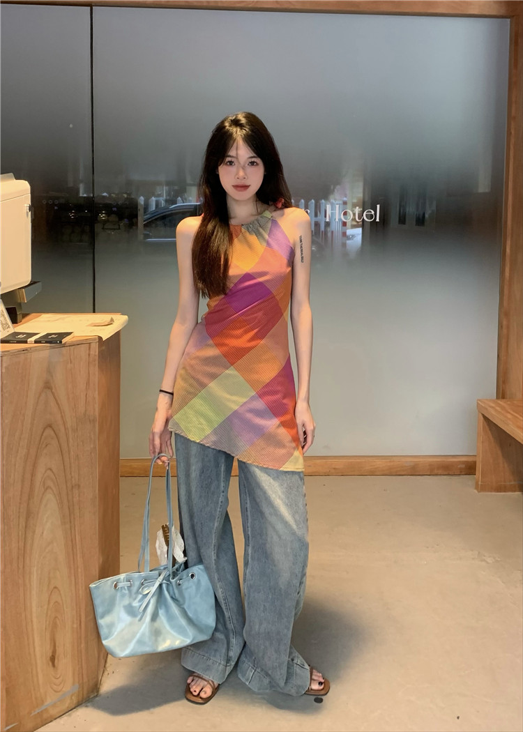 Real photo Dopamine colored plaid tied dress summer waist-hugging to make you look slim and irregular A-line skirt