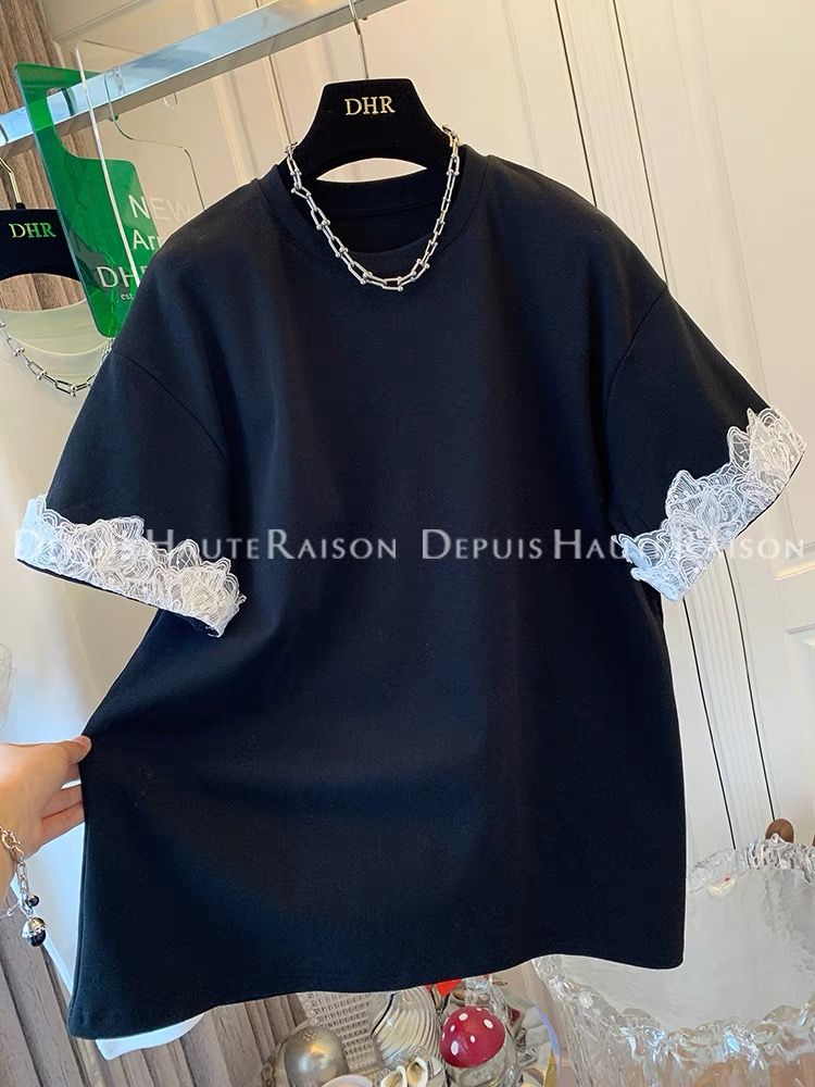 ~Large size lace short-sleeved T-shirt base shirt loose top for women 2025 summer