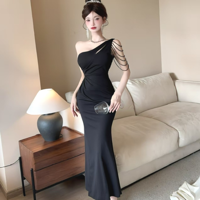 Sexy celebrity temperament tassels off-shoulder waist-hugging long hip-pack dress party evening dress