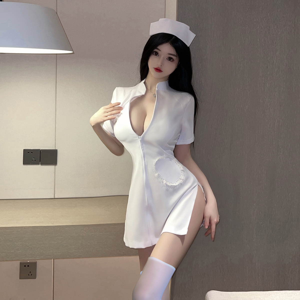 Real shot of sexy hot girl anchor COS nurse uniform short skirt honeymoon vacation skin-friendly pajama cardigan dress