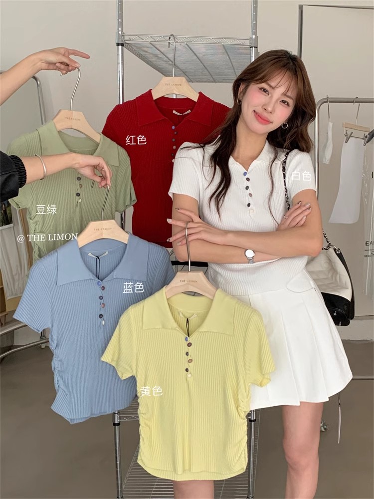 THE LEMON lemon green tea 2025 summer Korean version versatile POLO collar short-sleeved sweater slim body clothes for women