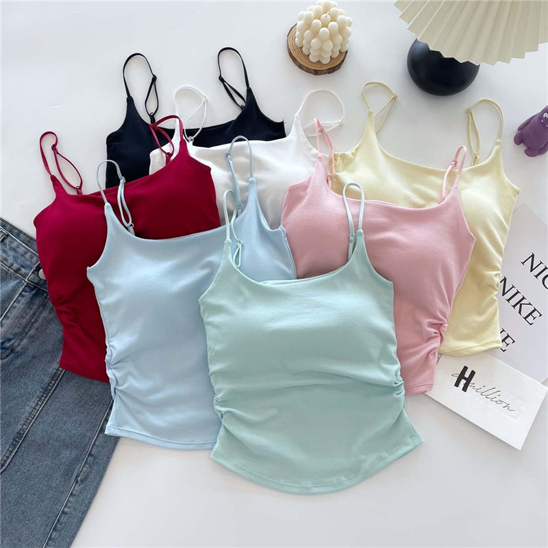 Hot girl design pleated suspender vest for women 2025 with chest pad inside and outside wearing slim fit and beautiful back top summer