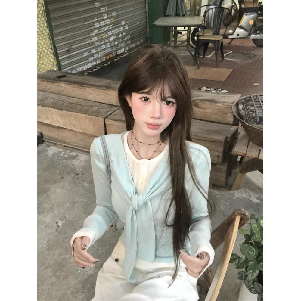 92 people cotton 8 spandex 260g mint green fake two-piece long-sleeved T-shirt for women's college style spring base top