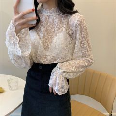 Temperament hot girl lace base shirt for women new perspective mesh top exquisite empty fairy chiffon shirt