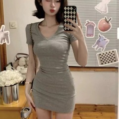 Pure cotton v-neck dress for women in summer new sexy tight hip skirt slim waist short skirt gentle style skirt