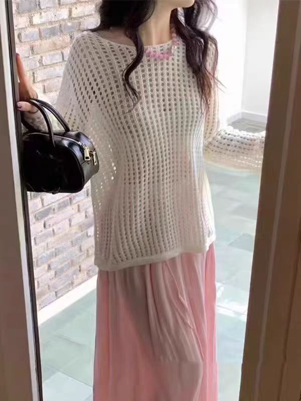 Hollow knitted blouse for women in summer and autumn Korean version simple loose casual small top bf lazy style sunscreen shirt