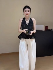 French retro halter neck tie v-neck polka dot sleeveless shirt for women 2025 summer new design backless top