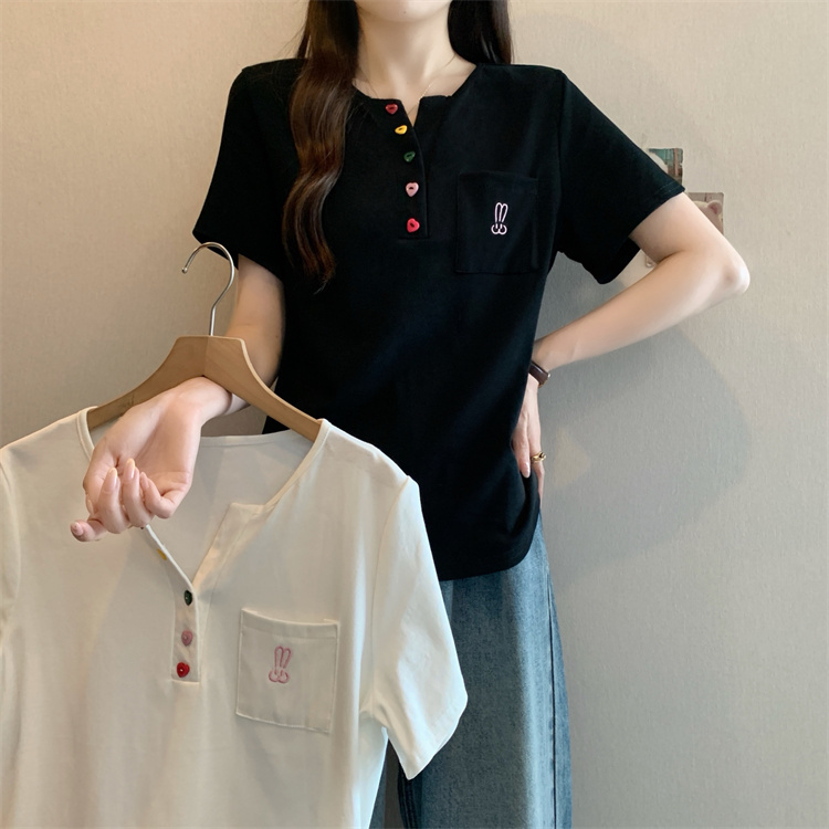 5236 real shot summer clothing fat mm versatile slim cartoon rabbit embroidered short-sleeved top T-shirt