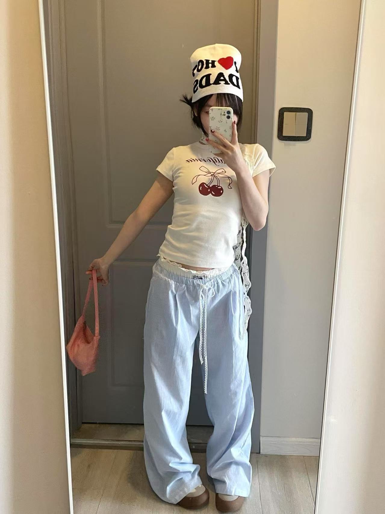 假兩件藍色休閒褲女春夏蕾絲拼接直筒闊腿褲芭蕾風條紋褲子