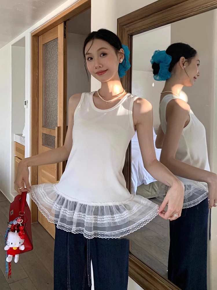 Aixili 2025 spring and summer ballet style lace spliced ​​lace hem round neck vest women's inner sleeveless top