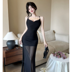 High-end black suspender skirt pure sexy sexy hot girl slim long dress