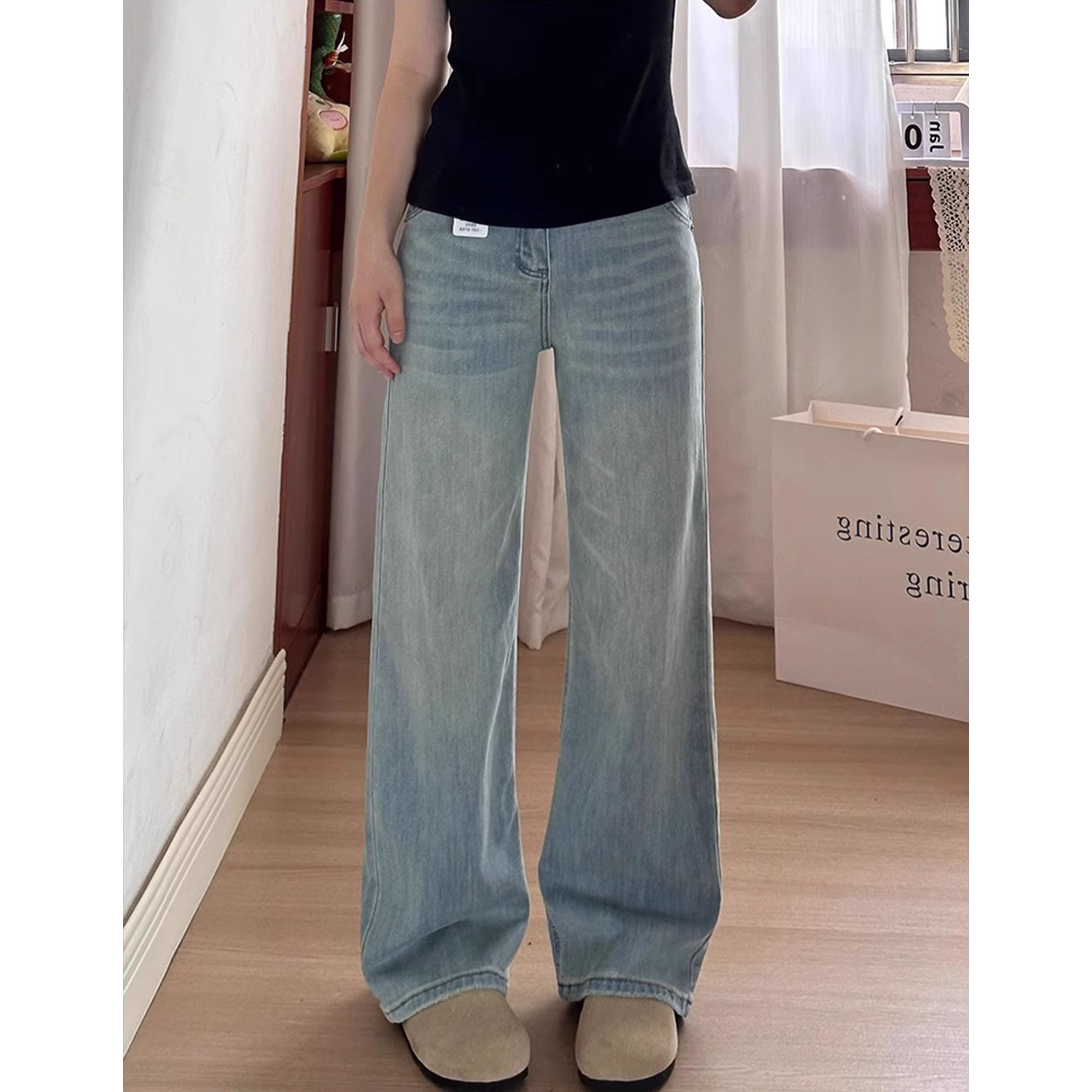 Light blue high-waisted straight jeans for women in spring and autumn new loose flesh covering and slimming versatile draping wide-leg pants