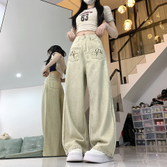 實拍美式復古反穿做舊刺繡牛仔褲女春夏設計感寬鬆闊腿直筒休閒褲