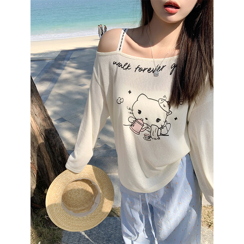 Original fabric cute cat long-sleeved summer cartoon printed T-shirt women's off-shoulder design top