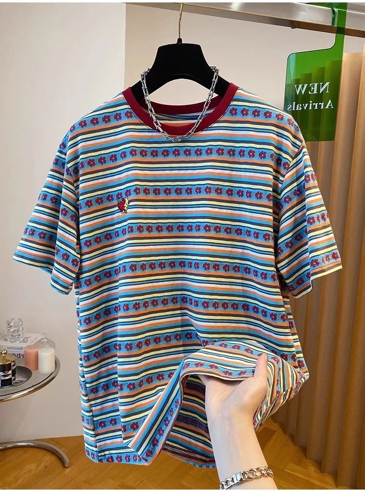 Colorful striped embroidered short-sleeved T-shirt women's top