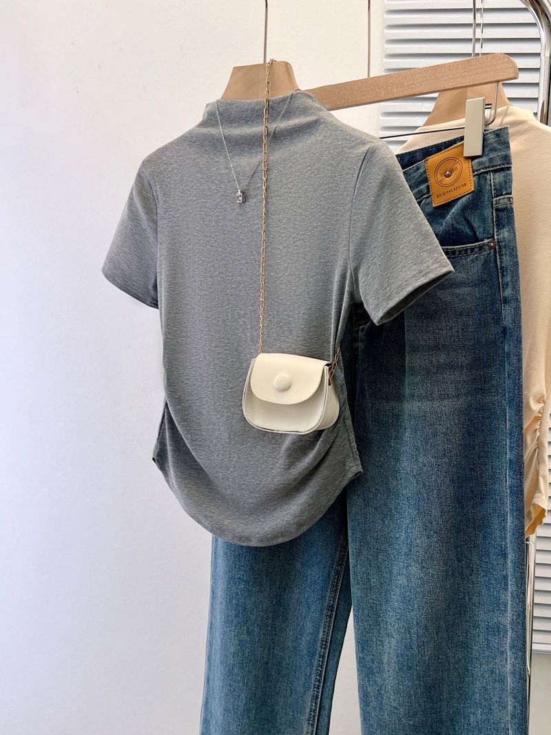 Real shot 2025 new half-high neck slim short-sleeved T-shirt for women versatile top